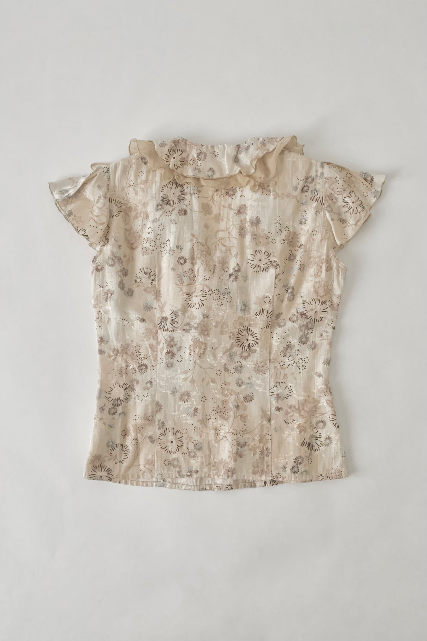 beige flower frill blouse