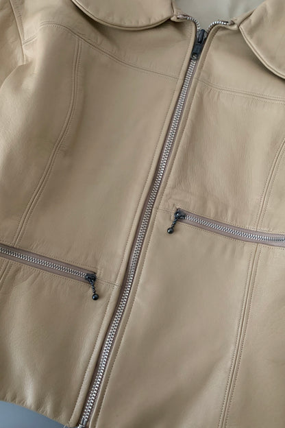 cream leather round collar jacket