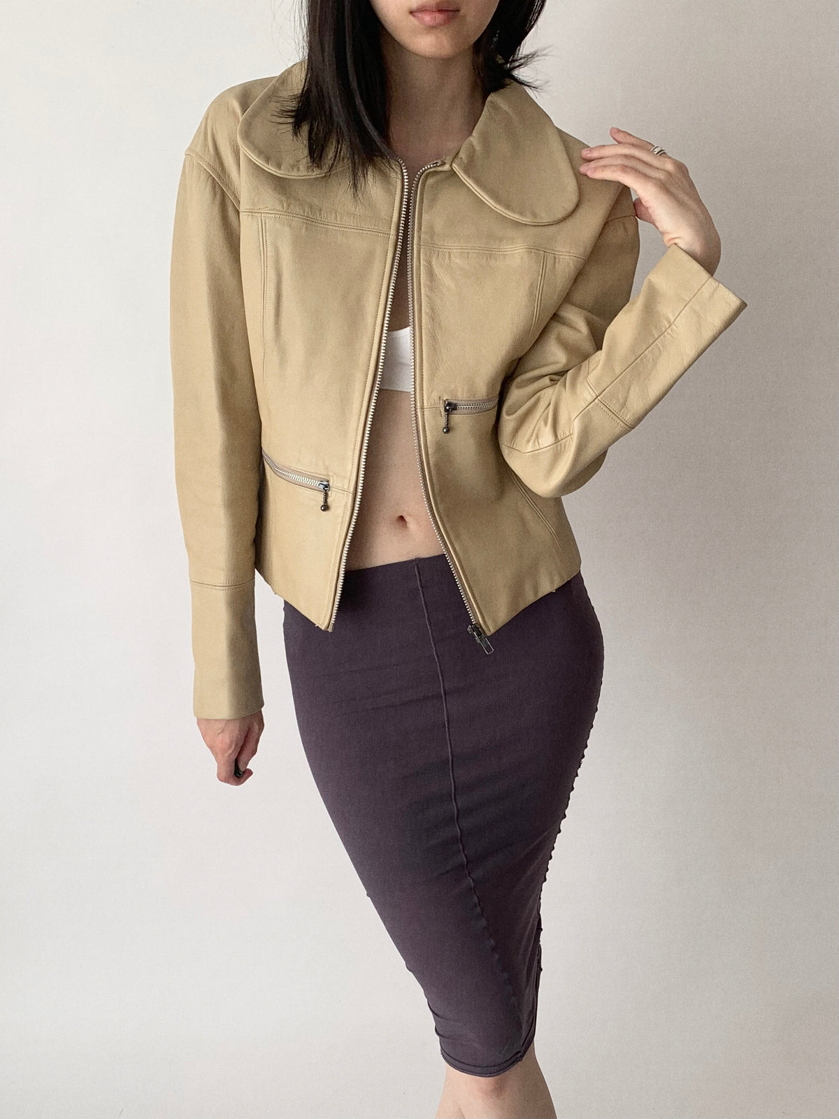 cream leather round collar jacket