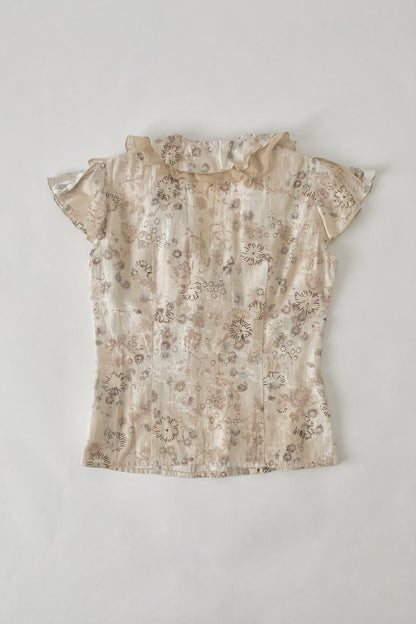 beige flower frill blouse