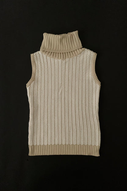 beige herringbone high neck knit vest