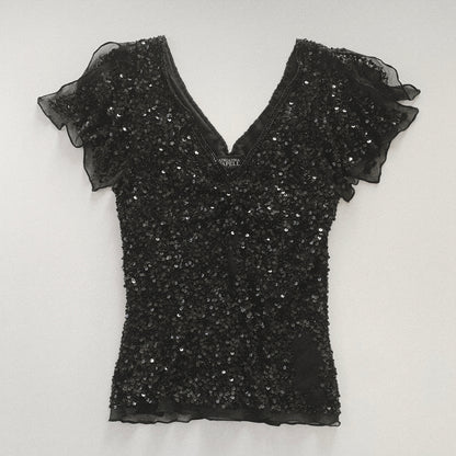 black sequins silk organzy tops