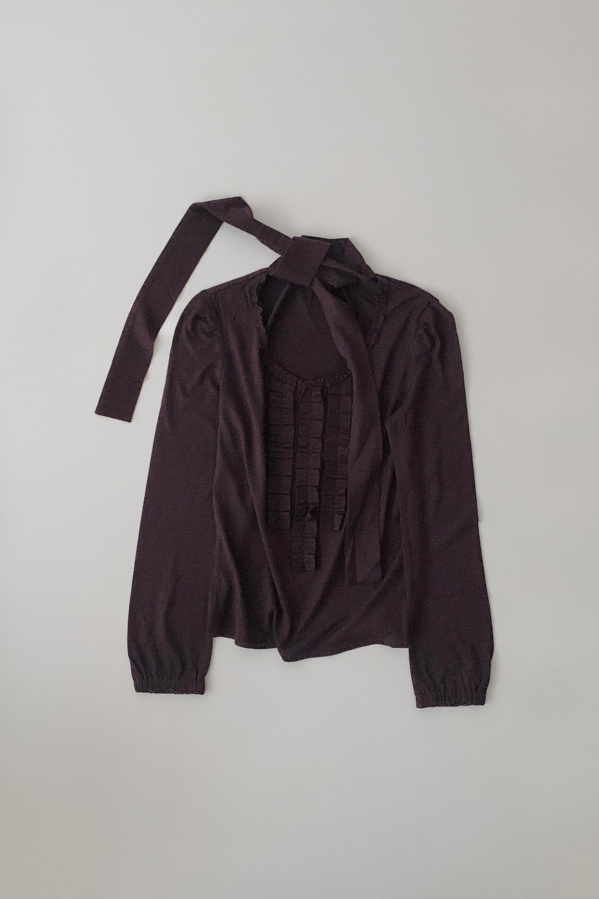 purple tie frill wool blouse