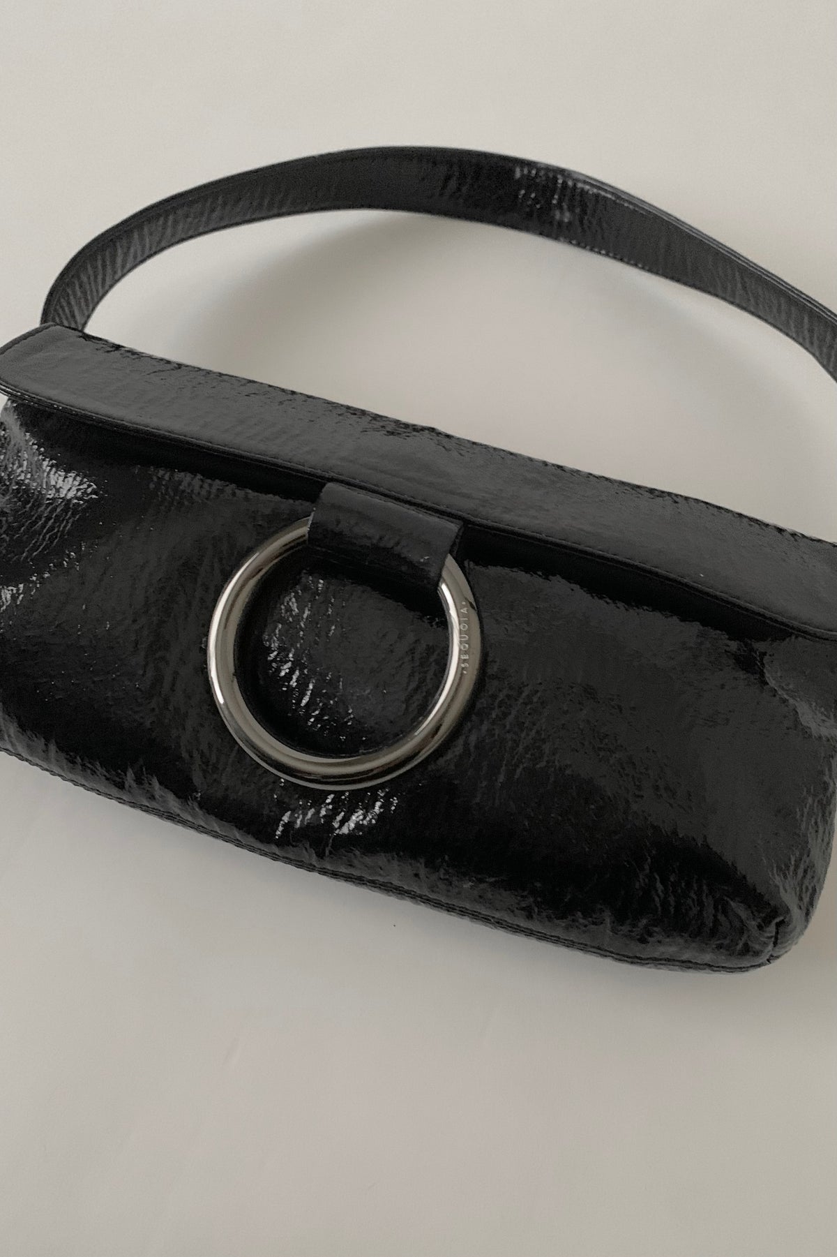 black enamel leather silver ring bag