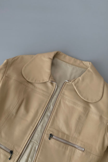 cream leather round collar jacket