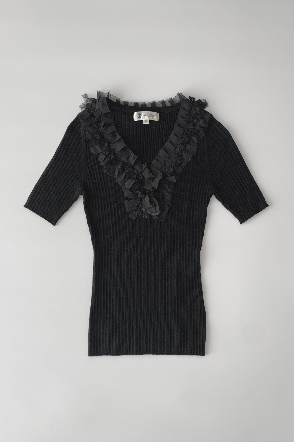black wool v neck lace knit tops