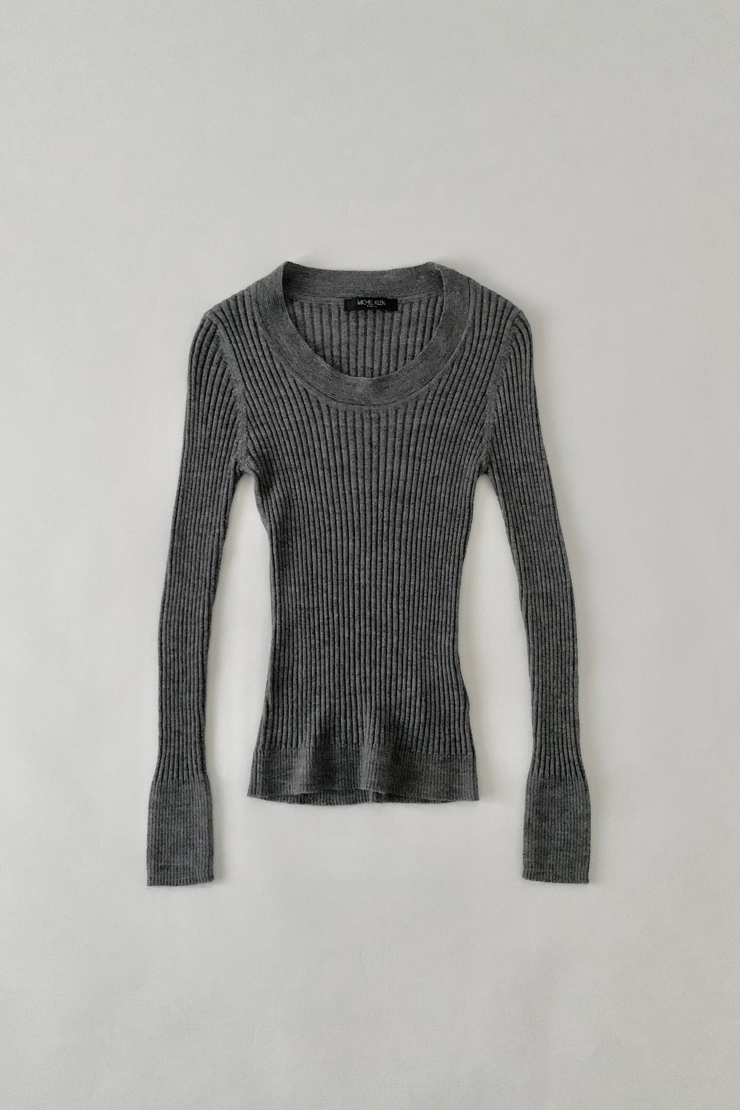 gray rib round neck knit tops