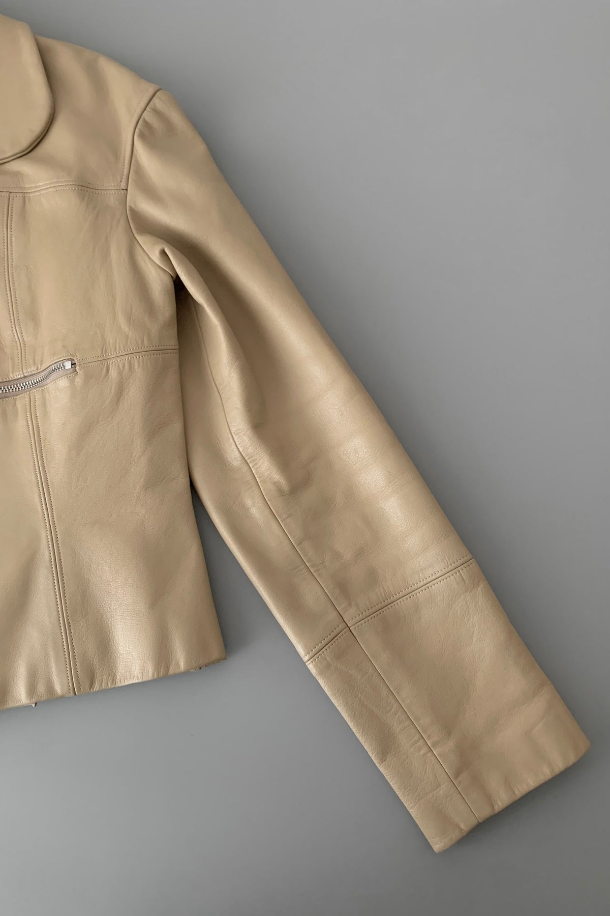 cream leather round collar jacket