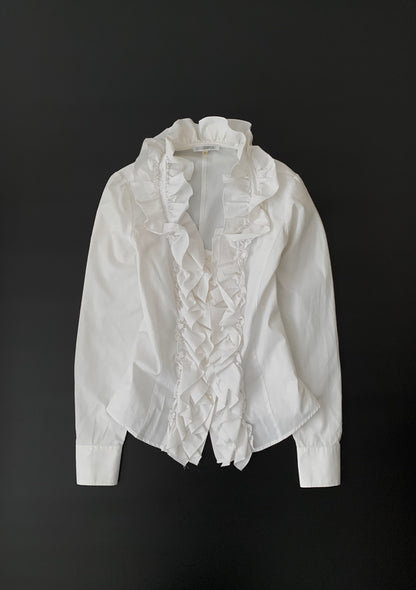 white pinstripe frill blouse