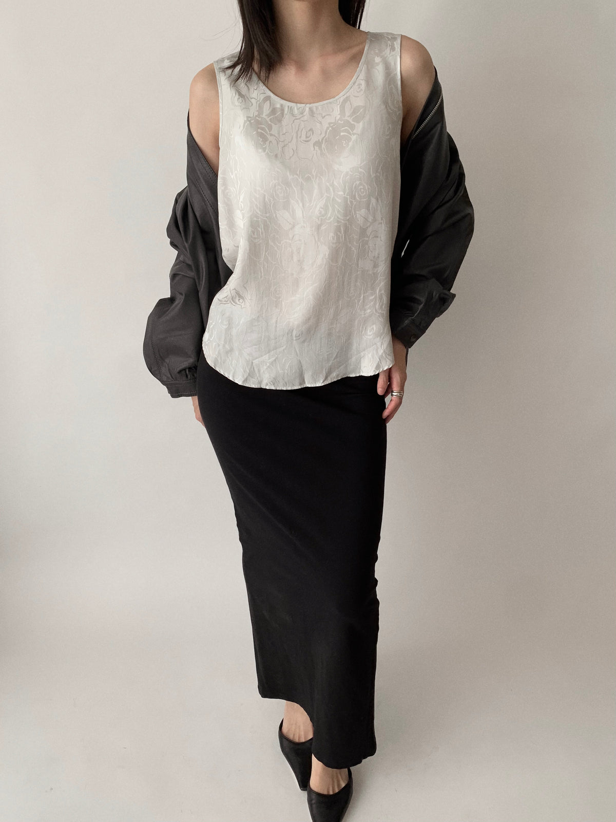 light gray silk rose tank top