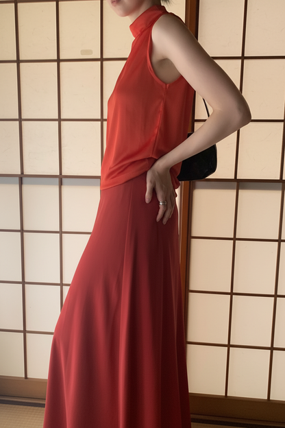 赤いロングスカートコーデ