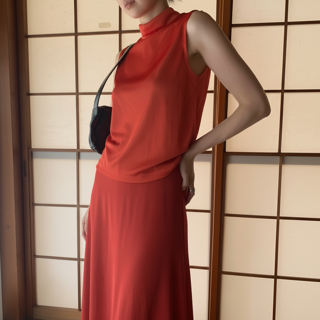 トップスメイン・赤ロングスカートコーデ
