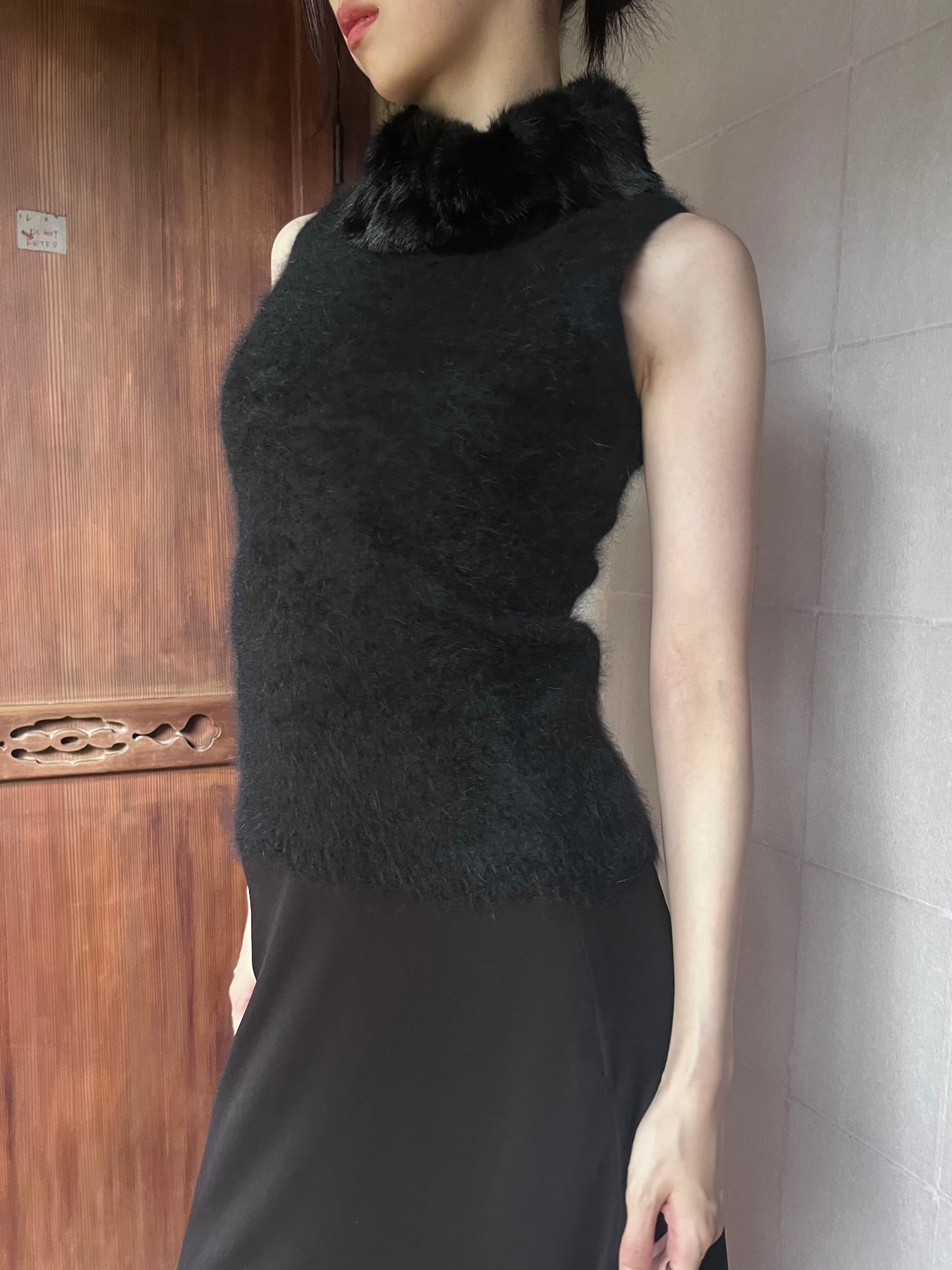 black angora fur neck vest