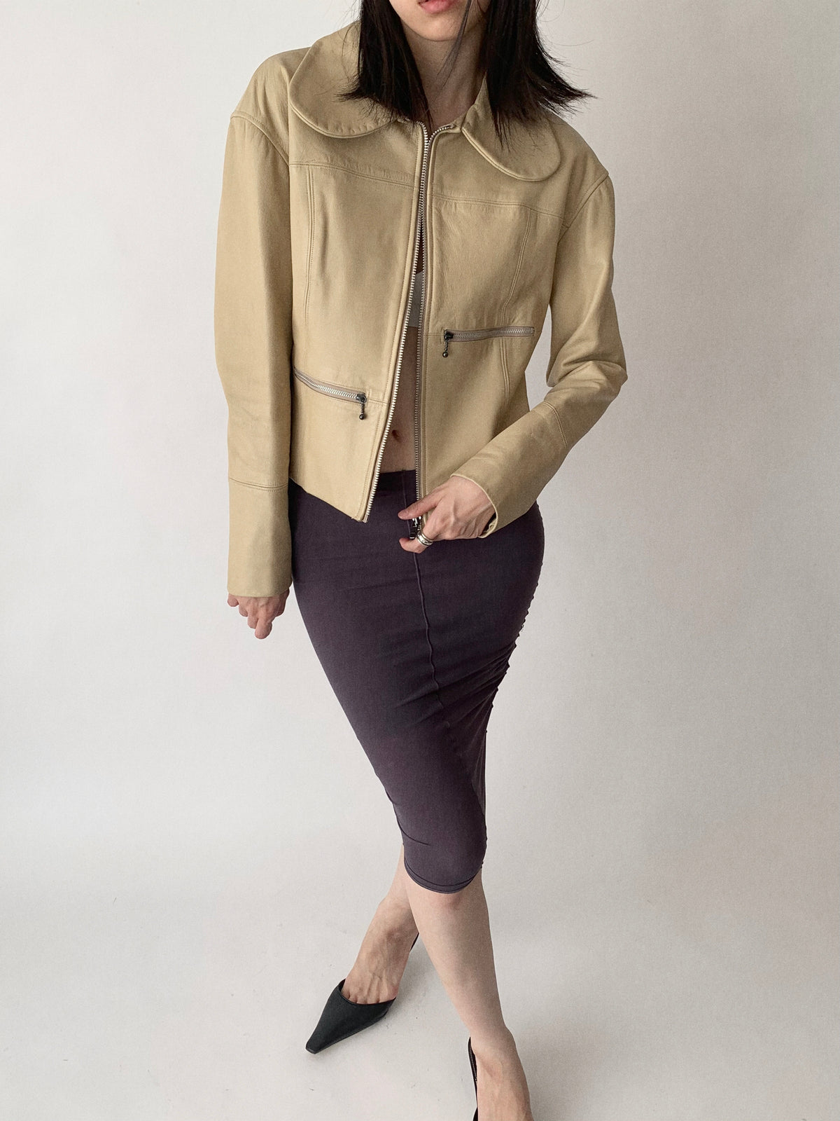 cream leather round collar jacket