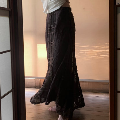 brown lace fringe long skirt