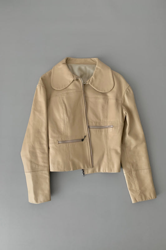 cream leather round collar jacket