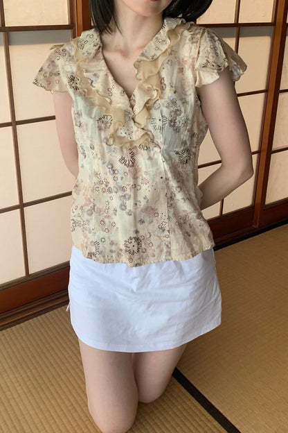 beige flower frill blouse