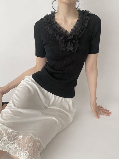 black wool v neck lace knit tops