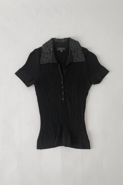 black squins collar polo tops