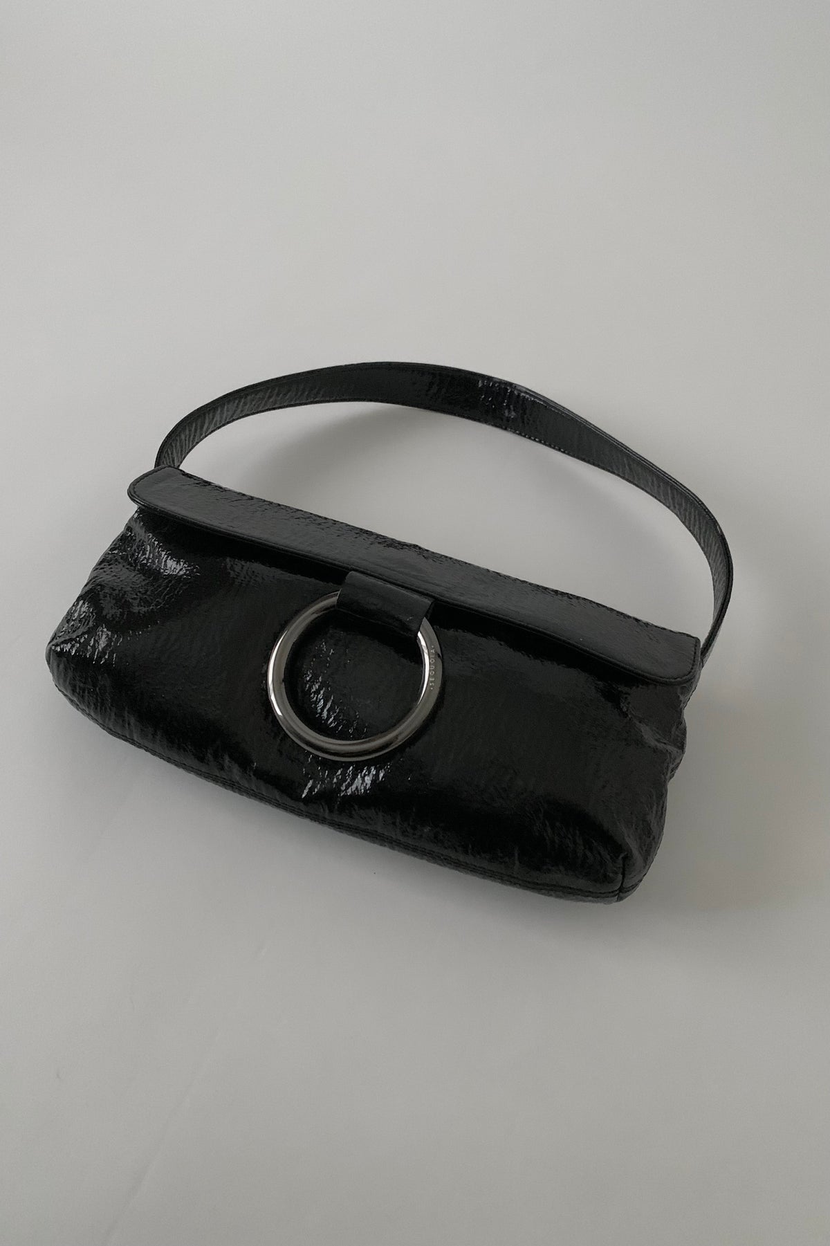 black enamel leather silver ring bag
