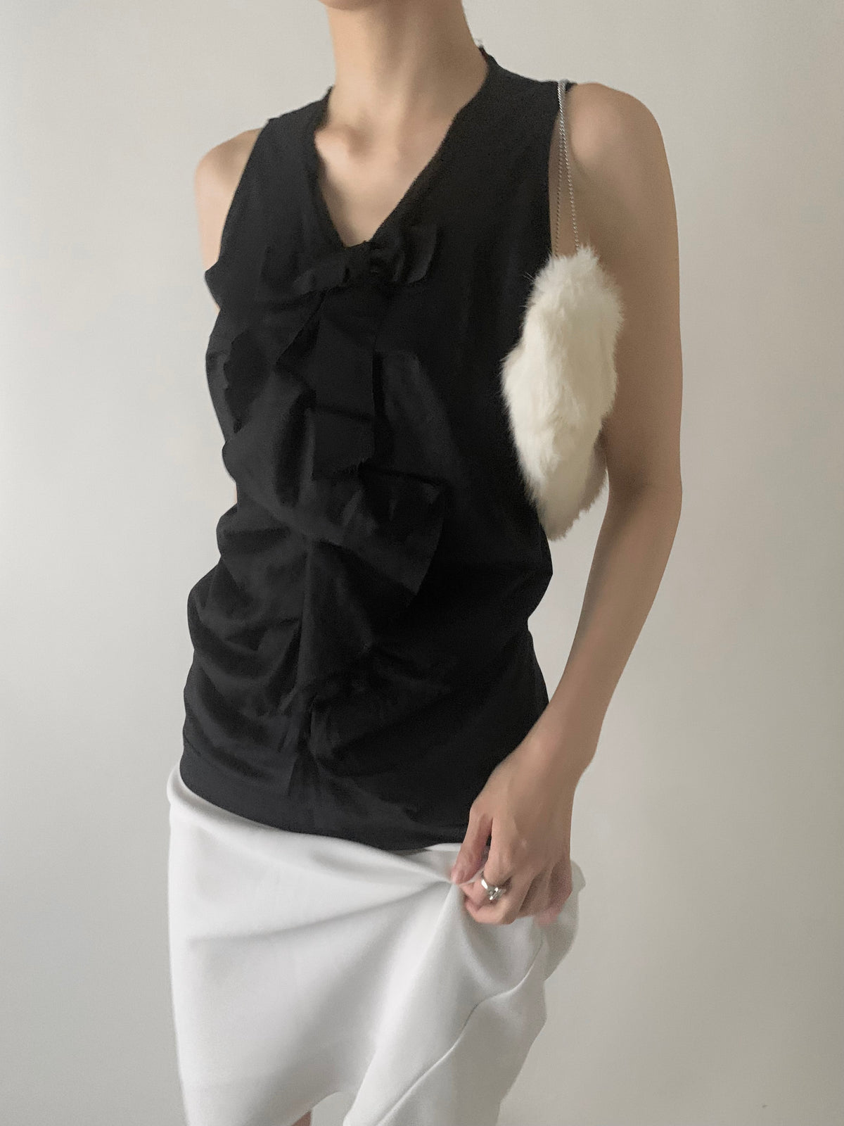 Italy black center ribbon tunic tops