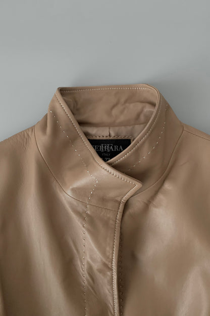 pink brown lamb leather stitch coat