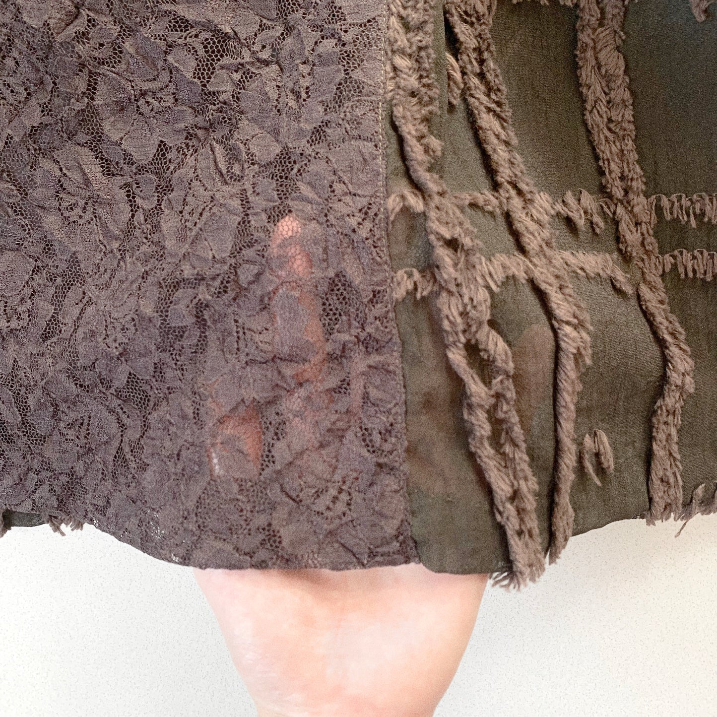 brown lace fringe long skirt